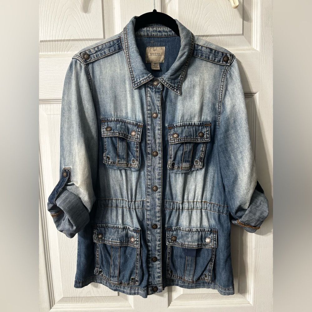 GUESS Women's Denim Cargo Roll-Tab Long-Sleeves Jacket Size Small Drawstring
